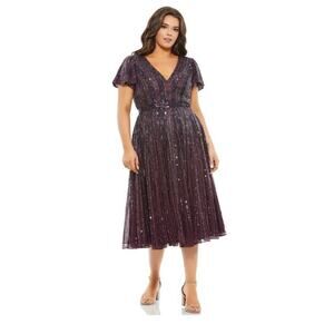Mac Duggal $498 5522 Flutter Sleeve Embellished Dress Tea Length Sz 18W In Plum